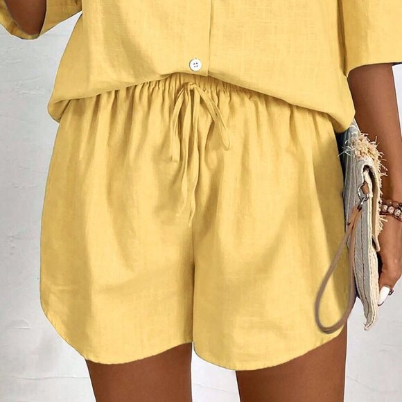 Yellow Casual Women's Vacation Short Sleeve Shirt And Shorts Set - Picture 4 of 7
